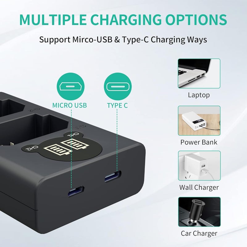 L & P NP-FZ100 Camera Battery Charger, Dual USB Charger with LCD Display, Compatible with Sony A7iii, A7iv, A7C, A6700, A6600, ZV-E1, ZV-E10ii, FX3, FX30, A9, Alpha 9, Alpha 9S, A9S, A7R3, A7R4 Camera - Image 3